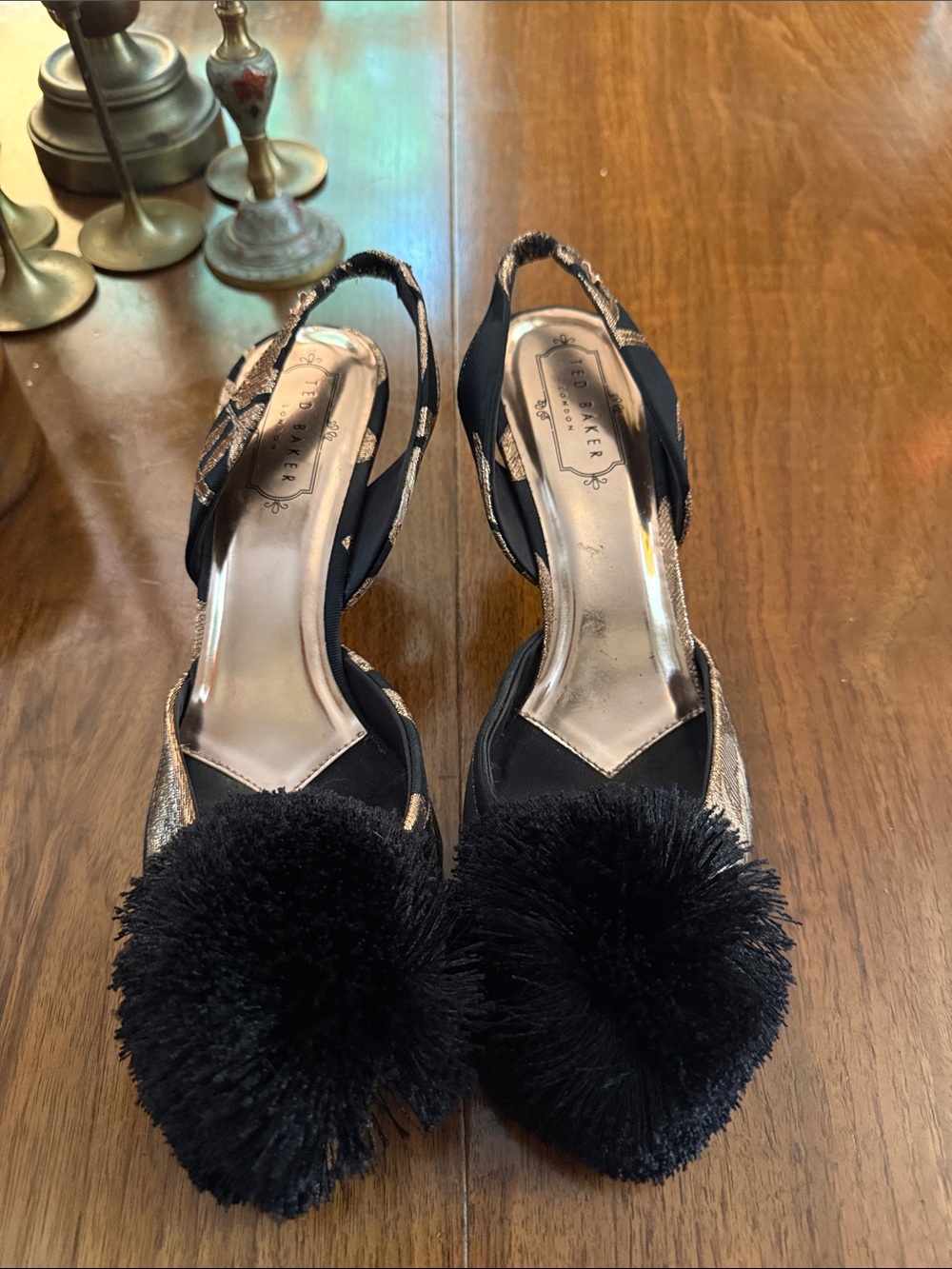 Ted Baker Black and Gold Pom-Pom Slingback Heels